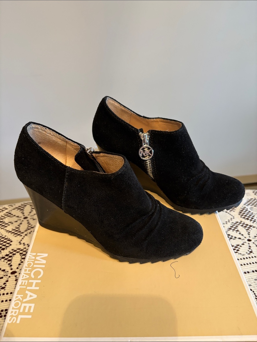 MICHAEL Michael Kors Black Suede Wedge Ankle Booties with MK Zipper